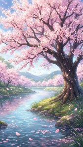 Anime-scene med kirsebærblomster ved en flod med svævende kronblade.