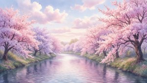 En fredfyldt flod omkranset af pastelfarvede kirsebærblomster, bløde æstetiske vibes. — Blød æstetisk GIF Wallpapers