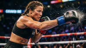 Actionbillede af Ronda Rousey, der uddeler et kraftfuldt slag i ringen.