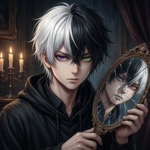 Edgy anime-dreng med delt hår og knust spejl.