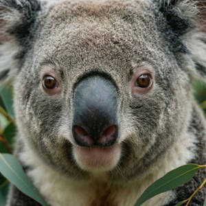 Et detaljeret nærbillede af en koalas ansigt med blød baggrund. — Huawei nova Flip Wallpapers