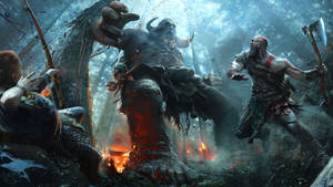 Kratos nedlægger en kæmpe trold i God of War tapet.