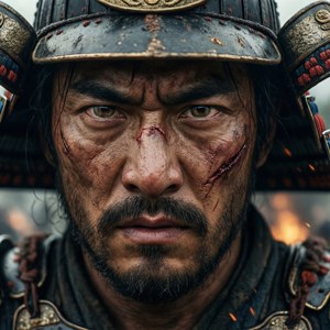 Intenst nærbillede af en samurais ansigt med ar og ildbaggrund — Pixel Watch 5 Wallpapers
