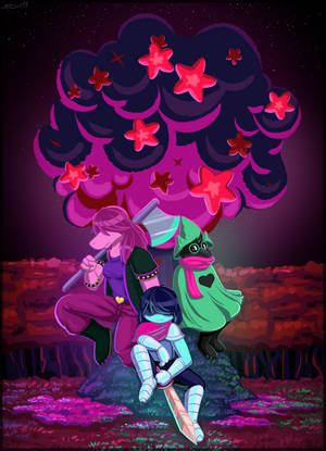 Deltarune-figurer under en sky med røde stjerner tapet — OnePlus Pad Wallpapers