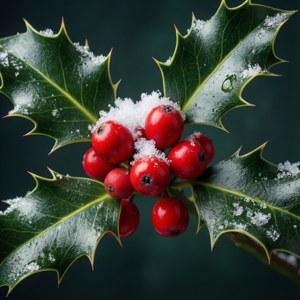 Makrooptagelse af kristtornbær med sne, festlig rød og grøn. — Æstetisk jul Wallpapers