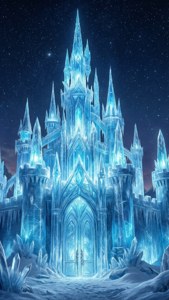 Et fantasy isslot, der lyser under en stjerneklar nat. — Kold Wallpapers