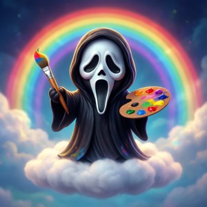 Ghostface som kunstner, der maler regnbuer. — Pixel Watch 3 Wallpapers