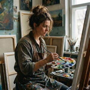 Ksenia Solo maler i et solfyldt atelier omgivet af kunstværker og materialer. — Pixel Watch 3 Wallpapers