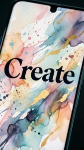 Pixel 8 med 'Create' typografi-baggrund og akvarelsprøjt