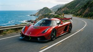 En rød Koenigsegg Regera kører tæt på en kystkurve med hav og bakker. wallpaper