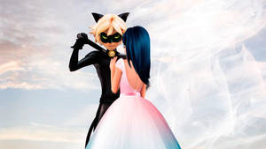 Wallpaper med Ladybug og Cat Noir kysser i brudekjole — Mariehøne og sort kat kys Wallpapers