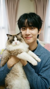 Lee Know fra Stray Kids nusser en kat, sødt øjeblik wallpaper