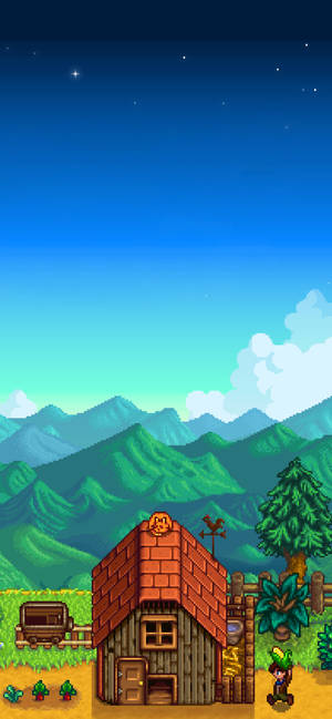 Stardew Valley 2D hus på gården baggrund — iPhone 17 Pro Wallpapers