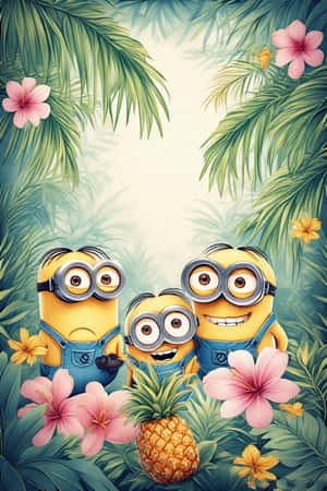 Minions, tapet, 4K, tropisk jungle, palmeblade, pastelrosa, pastelgul, blomster, ananas — iPhone 4 Wallpapers