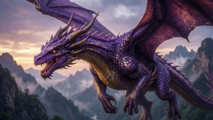 Episk fantasy-scene af en lilla drage, der flyver over bjerge. — Lilla Wallpapers