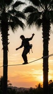 Vivo balancerer på en linedans mellem palmer ved solnedgang.