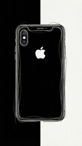 En minimalistisk stregtegning af en iPhone XR, sort og hvid, elegant kunsttapet.