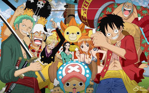 One Piece Skrivebordsbaggrund Luffy Venner På Skib — One piece skrivebord Wallpapers
