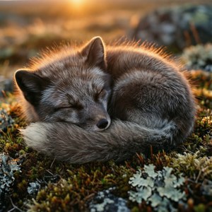 En fredeligt sovende polarrev, der ligger i mos under den gyldne time. — Huawei nova Flip Wallpapers