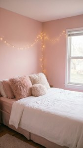 Et hyggeligt lyserødt soveværelse med fe-lys, perfekt til en beroligende æstetik. — Lys pink æstetik Wallpapers