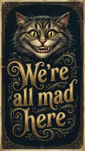 Typografisk tapet med Cheshire Cat og citatet 'Vi er alle gale her'. — Cheshire Cat Wallpapers
