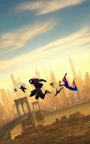 Into The Spider Verse med forskellige Spiderman der hopper i luften — Moto Pad (2026) Wallpapers
