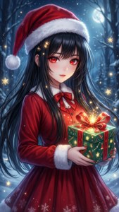 Animepige i julemandsdragt holder en lysende gave i en sneklædt skov