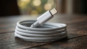 Nærbillede af iPhone-ladekabel snoet på træ med bokeh