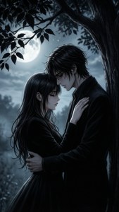 Romantisk sort anime-par under et træ med sorte blade — Sort anime Wallpapers