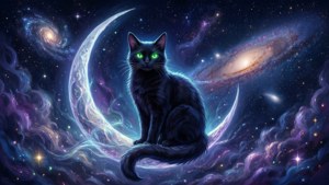 En mystisk sort kat på en halvmåne — Anime kat Wallpapers