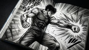 Et dynamisk sort-hvidt manga-panel med intens action.