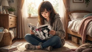 En fredfyldt scene med en pige, der nyder manga på sit værelse.