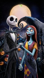 Jack og Sally poserer romantisk i Halloween Town.
