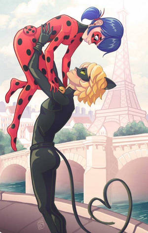 Marihøne og Sort Katt kysser i Paris wallpaper — Mariehøne og sort kat kys Wallpapers