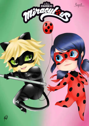 Marihøne og Sort Katt kysser i chibi-stil tapet — Mariehøne og sort kat kys Wallpapers