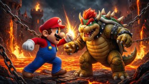 Actionfyldt opgør mellem Mario og Bowser i et lavaslot.