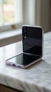 Minimalistisk Z Flip 5 på marmor med blød pastelbelysning