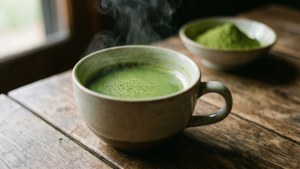 Matcha-grøn tekop på et træbord.