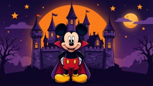 Mickey Mouse som vampyr foran et hjemsøgt slot i flad vektorstil