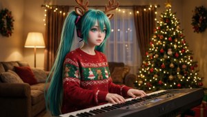 Hatsune Miku spiller keyboard i julesweater