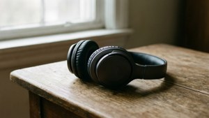 Et roligt motiv med hovedtelefoner på et træbord i blødt lys. — Musik æstetik Wallpapers