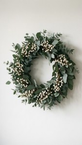 En simpel eukalyptuskrans på en hvid væg, skandinavisk stil. — Æstetisk jul Wallpapers