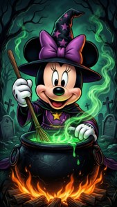 Minni Mouse som heks, der brygger en trylledrik på en uhyggelig kirkegård.