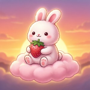 Sød mochi-kanin med et jordbær på en sky, et nuttet kawaii-baggrundsbillede. — Kawaii Wallpapers
