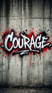 Modigt graffiti 'Courage' på beton med røde og sorte stænk, urban grunge. — Æstetiske ord Wallpapers