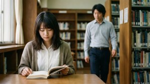 Rikako læser på biblioteket, mens Taku nærmer sig