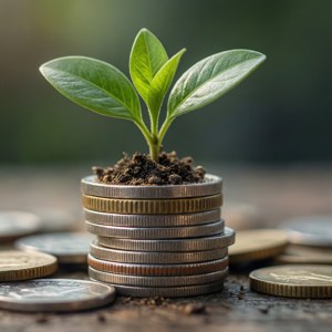 En baggrund, der viser en plante, der vokser fra mønter, symboliserer lån brugt til investering og vækst. — Pixel Watch 4 Wallpapers