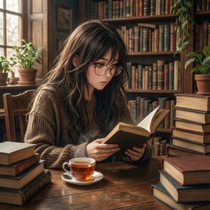 Monika læser på et bibliotek med te — Huawei nova Flip S Wallpapers