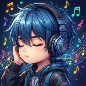 Chibi-dreng med blå hovedtelefoner nyder musik. — Sødt anime profilbillede Wallpapers