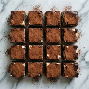 Et fladt layout af Nanaimo-bar firkanter på marmor med kakaopulver. — Pixel Watch 4 Wallpapers
